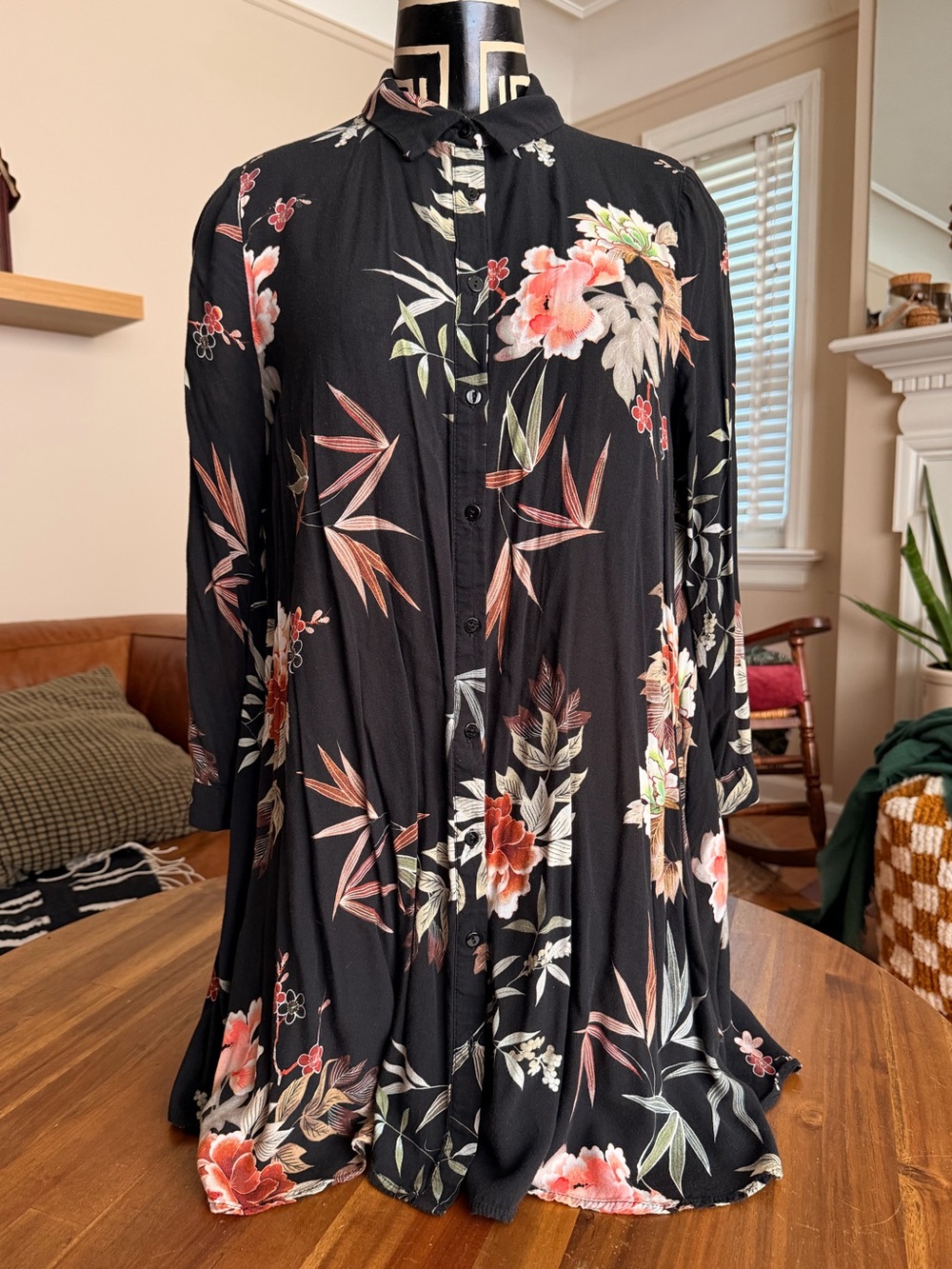 Zara Woman Black Floral Button-Front Shirt Dress
